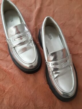 Metallic Silver Loafers with Black Lug Sole